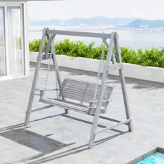 Outsunny 2 Seater Garden Swing Seat, Wooden Swing Chair Bench with Cup Holders for Outdoor Porch Patio, Grey - 9