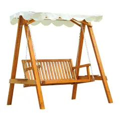 Outsunny 2 Seater Garden Swing Seat with Canopy, Wooden Swing Chair, Outdoor Hammock Bench for Balcony Patio Porch, Cream White - 1