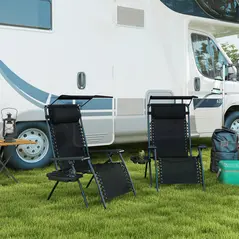 Outsunny 2 Piece Foldable Reclining Garden Chair with Headrest, Zero Gravity Deck Sun Lounger Seat Chair with Footrest, Armrest, Cup Holder & Canopy Shade, Black - 2