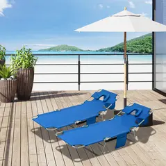 Outsunny 2 Pieces Foldable Sun Lounger with Reading Hole, Portable Sun Lounger with 5 Level Adjustable Backrest, Reclining Lounge Chair with Side Pocket, Headrest Pillow, Blue - 2
