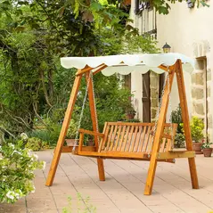 Outsunny 2 Seater Garden Swing Seat with Canopy, Wooden Swing Chair, Outdoor Hammock Bench for Balcony Patio Porch, Cream White - 2