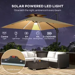 Outsunny 2.5m Cantilever Parasol with Solar Powered LED Lights, 360° Rotation, Tilt Adjustment, Crank Handle, Khaki - 4