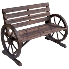 Outsunny 2 Seater Garden Bench with Wooden Cart Wagon Wheel Rustic High Back Brown - 1