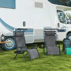 Outsunny 2 Piece Foldable Reclining Garden Chair with Headrest, Zero Gravity Deck Sun Lounger Seat Chair with Footrest, Armrest, Cup Holder & Canopy Shade, Light Grey - 2