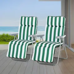 Outsunny 2 Pieces Outdoor Sun Lounger Set with Cushions, Patio Folding 5-Level   Adjustable Backrest Recliner Chairs Set of 2 with High Backrest and Armrests, Green & White - 2