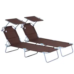 Outsunny 2 Pieces Outdoor Foldable Sun Lounger, 4 Level Adjustable Backrest Reclining Sun Lounger Chair with Angle Adjust Sun Shade Awning for Beach, Garden, Patio, Brown - 1