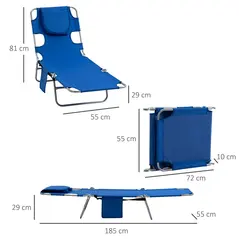 Outsunny 2 Pieces Foldable Sun Lounger with Reading Hole, Portable Sun Lounger with 5 Level Adjustable Backrest, Reclining Lounge Chair with Side Pocket, Headrest Pillow, Blue - 3