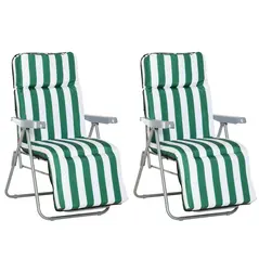 Outsunny 2 Pieces Outdoor Sun Lounger Set with Cushions, Patio Folding 5-Level   Adjustable Backrest Recliner Chairs Set of 2 with High Backrest and Armrests, Green & White - 1