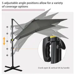 Outsunny 2.5 x 2.5m Patio Offset Parasol Umbrella Cantilever Hanging Aluminium Sun Shade Canopy Shelter 360° Rotation with Crank Handle and Cross Base, Grey - 6