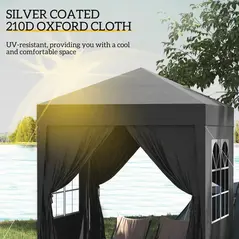 Outsunny 2 x 2 m Garden Pop Up Gazebo, Wedding Party Tent Marquee, Water Resistant Awning Canopy with Sidewalls, Windows, Carry Bag, Black - 5