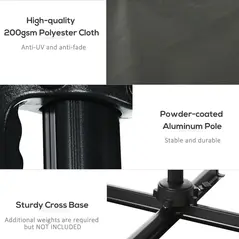 Outsunny 2.5 x 2.5m Patio Offset Parasol Umbrella Cantilever Hanging Aluminium Sun Shade Canopy Shelter 360° Rotation with Crank Handle and Cross Base, Grey - 8