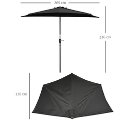 Outsunny 2.7m Garden Half Parasol, Outdoor Balcony Umbrella with 5 Steel Ribs, Patio Sun Shade, Black - 3