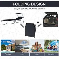 Outsunny 2 Pieces Outdoor Foldable Sun Lounger, 4 Level Adjustable Backrest Reclining Sun Lounger Chair with Angle Adjust Sun Shade Awning for Beach, Garden, Patio, Black - 5