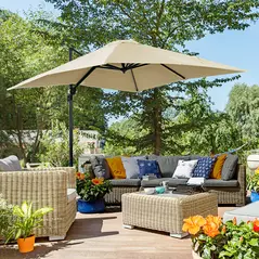 Outsunny 2.5 x 2.5m Patio Offset Parasol Umbrella Cantilever Hanging Aluminium Sun Shade Canopy Shelter 360° Rotation with Crank Handle and Cross Base, Cream White - 2