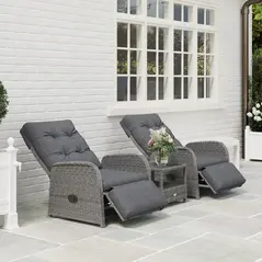 Outsunny 2 Seater Patio Rattan Wicker Chaise Lounge Sofa Set w/ Cushion for Patio Garden Porch, Grey - 8