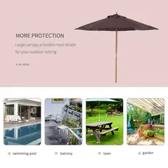 Outsunny 2.5m Wood Garden Parasol Sun Shade Patio Outdoor Wooden Umbrella Canopy Coffee - 6