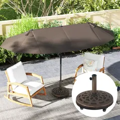 Outsunny 21kg Resin Garden Parasol Base with Wheels, Round Umbrella Stand, Heavy Duty Sun Umbrella Base for 32, 38, 48 mm Umbrella Poles for Deck Poolside, Bronze Tone - 8