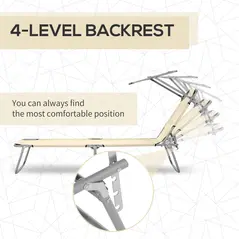 Outsunny 2 Pieces Outdoor Foldable Sun Lounger, 4 Level Adjustable Backrest Reclining Sun Lounger Chair with Angle Adjust Sun Shade Awning for Beach, Garden, Patio, Beige - 5