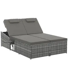 Outsunny 2 Seater Rattan Day Bed w/ Fire Retardant Cushions Grey - 1