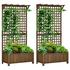 Outsunny 2 Pcs Raised Bed with Drainage Holes, Wood Planter with Trellis for Climbing Plants to Grow Vegetables, Flowers, Brown - 1