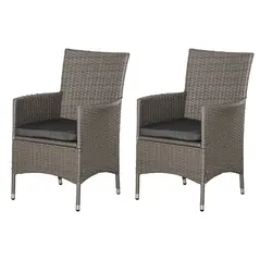 Outsunny 2 Pieces Outdoor PE Rattan Dining Chairs Set with Cushion, Garden Armchair with Armrests, High Backrest, Metal Frame Patio Wicker Furniture, Grey - 1