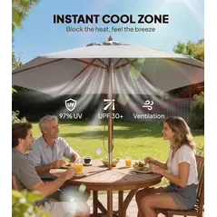 Outsunny 2.5m Wood Garden Parasol Sun Shade Patio Outdoor Wooden Umbrella Canopy, Table Market Umbrella with Vent, 38mm Pole, Rope Pulley Mechanism, Grey - 4