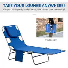 Outsunny 2 Pieces Foldable Sun Lounger with Reading Hole, Portable Sun Lounger with 5 Level Adjustable Backrest, Reclining Lounge Chair with Side Pocket, Headrest Pillow, Blue - 7