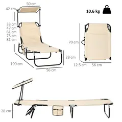 Outsunny 2 Piece Folding Sun Loungers with Canopy, Adjustable Recliner Garden Chairs with Side Pocket, Steel Frame and Breathable Mesh for Outdoor, Pool, Beach, Garden, Tan Brown - 3