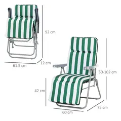 Outsunny 2 Pieces Outdoor Sun Lounger Set with Cushions, Patio Folding 5-Level   Adjustable Backrest Recliner Chairs Set of 2 with High Backrest and Armrests, Green & White - 3