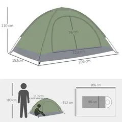 Outsunny 2 Person Camping Tent, Camouflage Tent with Zipped Doors, Storage Pocket, Portable Handy Bag, Dark Green - 3