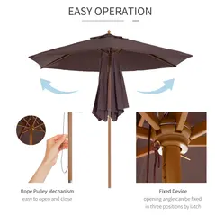 Outsunny 2.5m Wood Garden Parasol Sun Shade Patio Outdoor Wooden Umbrella Canopy Coffee - 5