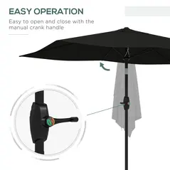 Outsunny 2 x 3(m) Garden Parasol Umbrella, Rectangular Outdoor Market Umbrella Sun Shade with Crank & Push Button Tilt, 6 Ribs, Aluminium Pole, Black - 5