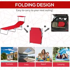 Outsunny 2 Piece Folding Sun Lounger, Lounge Chairs Reclining Sleeping Bed with Adjustable Sun Shade Awning for Beach, Patio - 5