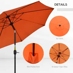 Outsunny 2.6M Patio Parasol Sun Umbrella, Tilt Shade Shelter Canopy with Crank 8 Ribs Aluminium Frame, Orange - 6