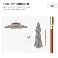 Outsunny 2.7m Elegant Wooden Frame Parasol Umbrella - Grey - 7