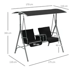 Outsunny 2 Seater Garden Swing Chair Patio Rocking Bench w/ Tilting Canopy, Double Padded Seats, Storage Bag and Tray, Black - 3