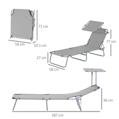 Outsunny 2 Pieces Outdoor Foldable Sun Lounger, 4 Level Adjustable Backrest Reclining Sun Lounger Chair with Angle Adjust Sun Shade Awning for Beach, Garden, Patio, Light Grey - 3