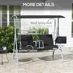 Outsunny 2 Seater Garden Swing Chair Patio Rocking Bench w/ Tilting Canopy, Double Padded Seats, Storage Bag and Tray, Black - 6