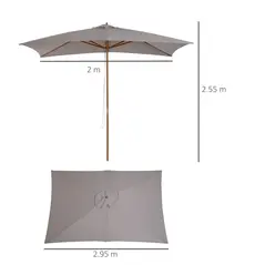 Outsunny 2 x 3m Wooden Garden Parasol Umbrella Outdoor Sun Shade Canopy, Table Market Umbrella with Vent, 38 mm Pole, Rope Pulley Mechanism, Light Grey - 3