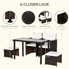 Outsunny 2 Seater Rattan Cube Garden Furniture Set, Rattan Dining Set with Cushions, Outdoor Dining Table and Chairs with 2 Armchairs, 2 Stools, Rectangular Glass Top Table for Patio, Balcony, Brown - 6