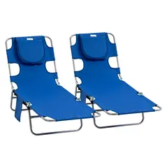 Outsunny 2 Pieces Foldable Sun Lounger with Reading Hole, Portable Sun Lounger with 5 Level Adjustable Backrest, Reclining Lounge Chair with Side Pocket, Headrest Pillow, Blue - 1