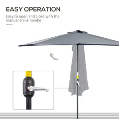 Outsunny 2.7m Garden Half Parasol, Outdoor Balcony Umbrella with 5 Steel Ribs, Patio Sun Shade, Grey - 6