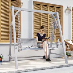 Outsunny 2 Seater Garden Swing Seat, Wooden Swing Chair Bench with Cup Holders for Outdoor Porch Patio, Grey - 2