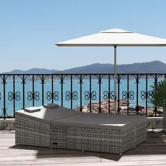 Outsunny 2 Seater Rattan Day Bed w/ Fire Retardant Cushions Grey - 2