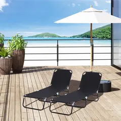 Outsunny 2 Piece Foldable Sun Loungers with 5-Position Adjustable Backrest, Outdoor Portable Recliner Chaise Lounge Chairs with Breathable Mesh Fabric, Black - 2