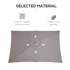 Outsunny 2 x 3m Wooden Garden Parasol Umbrella Outdoor Sun Shade Canopy, Table Market Umbrella with Vent, 38 mm Pole, Rope Pulley Mechanism, Light Grey - 5