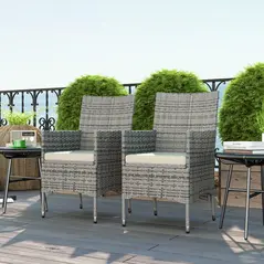 Outsunny 2 Pieces Rattan Garden Chairs Dining Chair Set with Cushion, Mixed Grey - 8