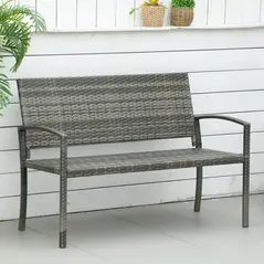 Outsunny 2 Seater Poly Rattan Garden Bench, All Weather Wicker Garden Loveseat, Outdoor Seating Bench with 240 Load Capacity, Backrest and Armrests for Patio, Terrace, Balcony, Grey - 2