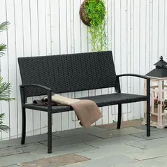 Outsunny 2 Seater Poly Rattan Garden Bench, All Weather Wicker Garden Loveseat, Outdoor Seating Bench with 240 Load Capacity, Backrest and Armrests for Patio, Terrace, Balcony, Black - 2