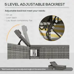 Outsunny 2 Seater Rattan Day Bed w/ Fire Retardant Cushions Grey - 5